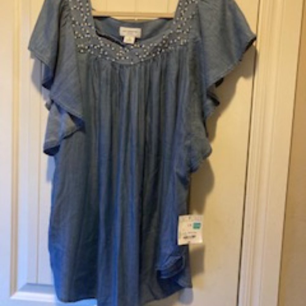 NWT Liz Clairborne size 1X short sleeve denim colored casual shirt